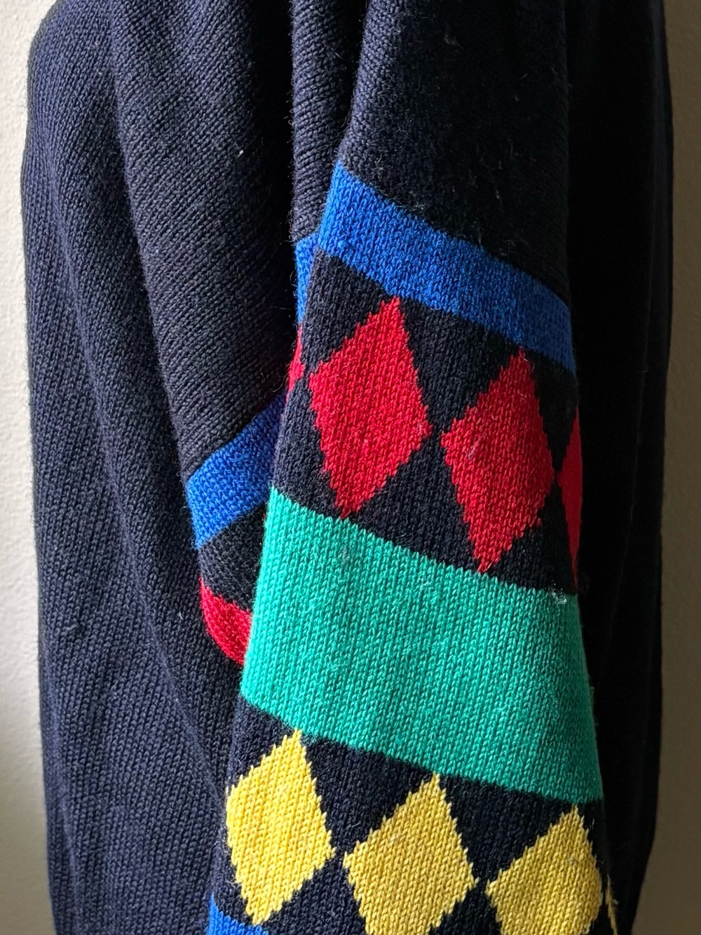 3 Suisses Vintage Mock Neck Sweater FR 46/48 US XL Embroidered Geometric Wool - Picture 7 of 11